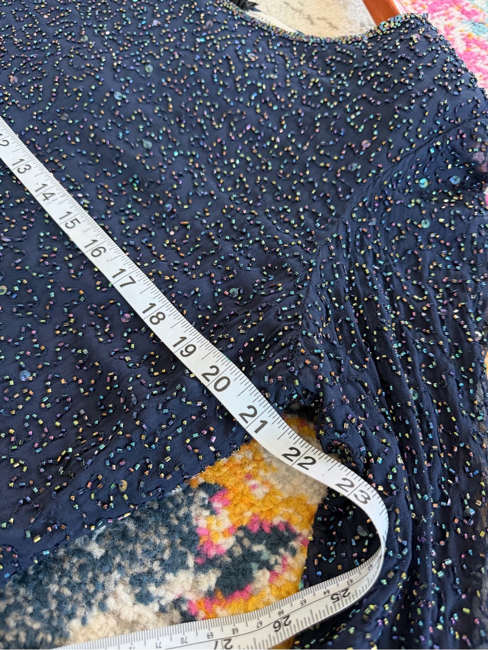 Adrianna Papell 100% Silk Vintage Blue Beaded Iridescent Party Formal Sheer 16 - Picture 6 of 12